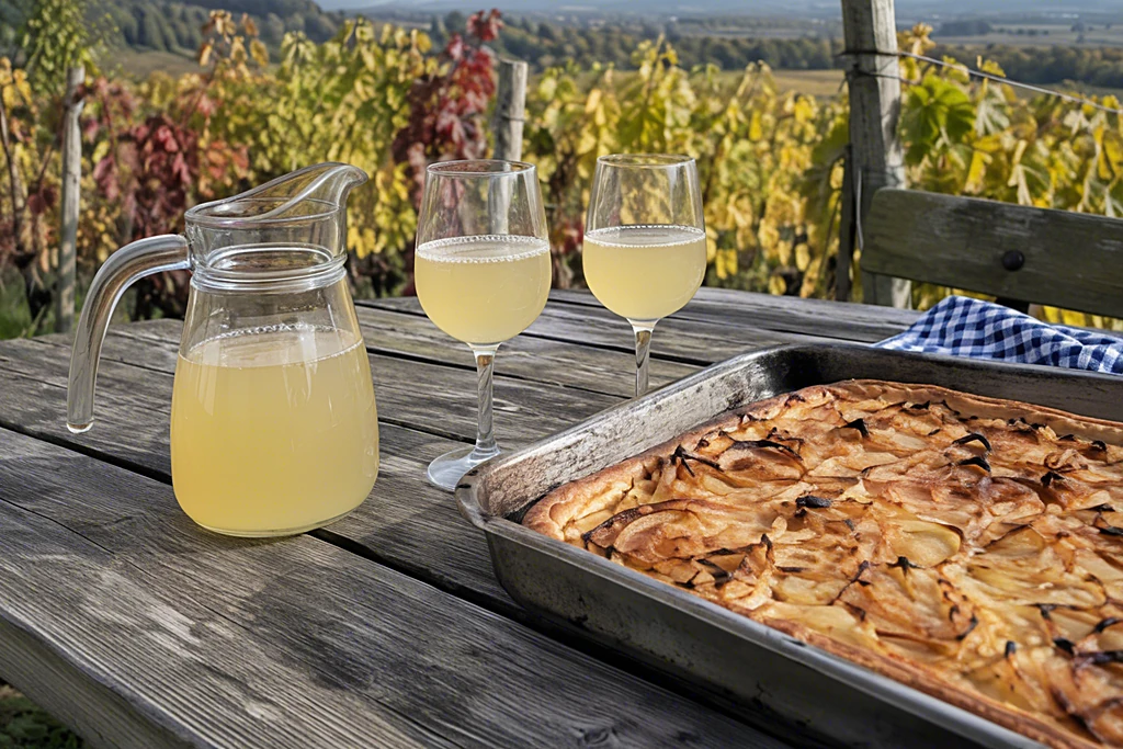 Krug mit Federweißer, zwei Gläser und ein Blech Zwiebelkuchen vor herbstlichen Weinbergen